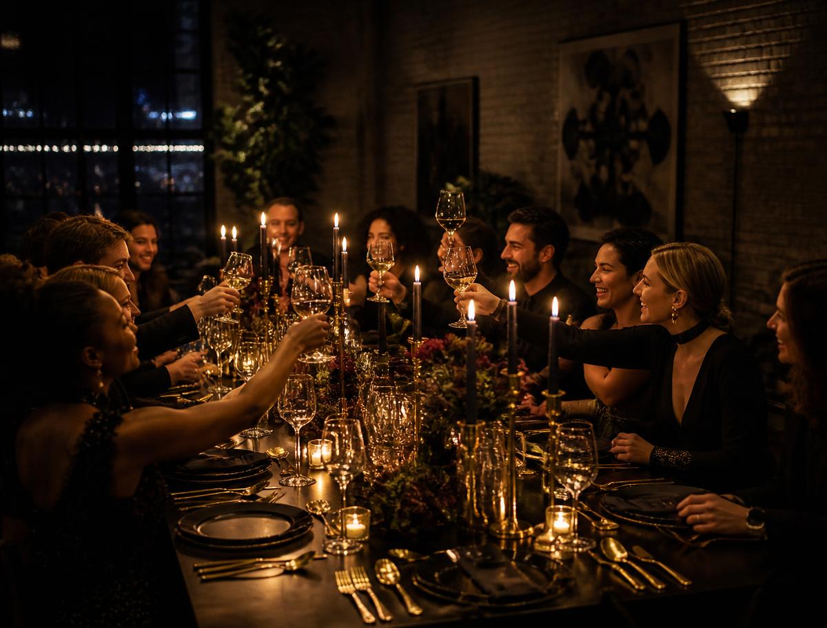 Candlelit long-table dinner in a loft