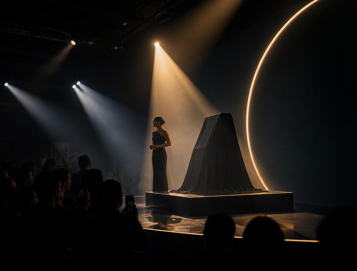Product launch stage moment under dramatic light